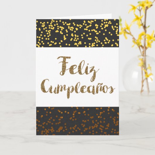 Goud en zwart Feliz Cumpleanos Kaart (Gele Bloem)
