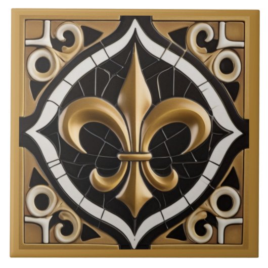 Goud en zwart Fleur de Lis Faux Relief Tan Tegeltje (Voorkant)