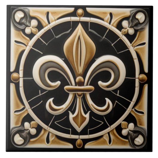 Goud en zwart Fleur de Lis Faux Relief Tegeltje (Voorkant)