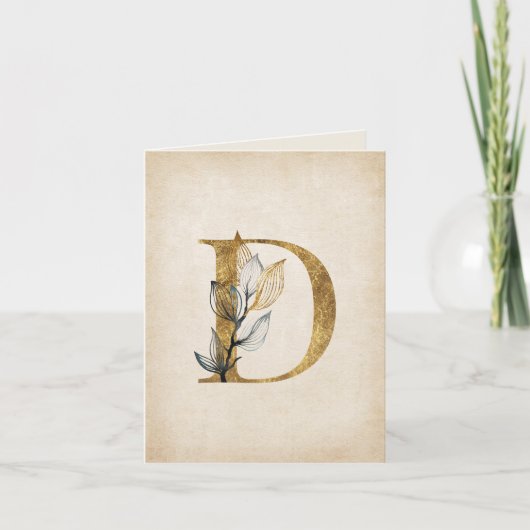 Goud en zwart Floral D Monogram met bladeren Notitiekaartje (Voorkant)