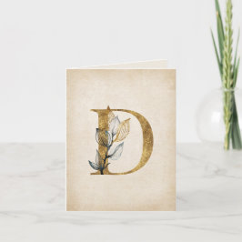 Goud en zwart Floral D Monogram met bladeren Notitiekaartje