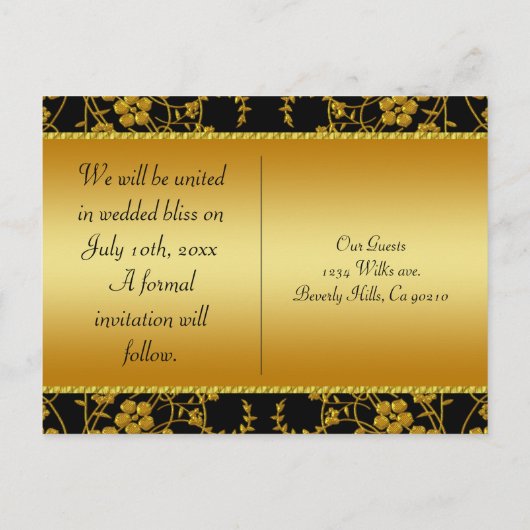 Goud en zwart Floral Weddenschap Aankondigingskaart (Achterkant)