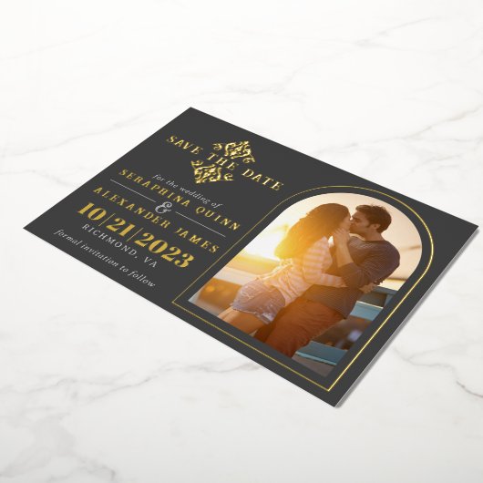 Goud en zwart fotoscherm | Elegant slaat de datum  Folie Uitnodiging (Gedraaid)