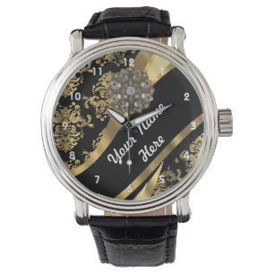 Goud en zwart gepersonaliseerd damast patroon horloge