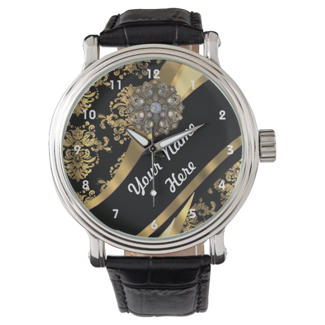 Goud en zwart gepersonaliseerd damast patroon horloge (Voorkant)