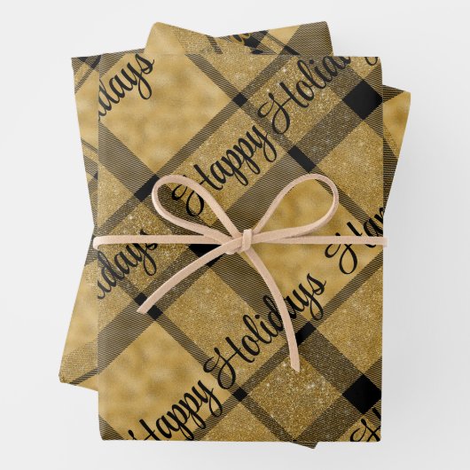 Goud en zwart geplakt met kersttekst inpakpapier vel (In situ)