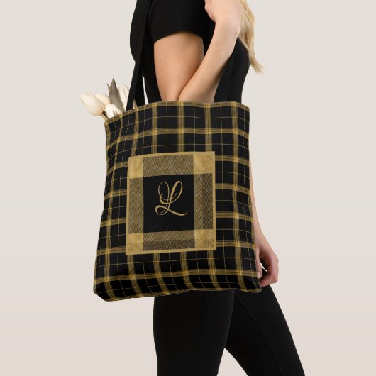 Goud en zwart geruite Elegant gepersonaliseerd Tote Bag (Dichtbij)