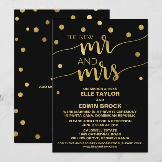 Goud en Zwart | Glam Elopement Ontvangst Kaart (Voorkant / Achterkant)