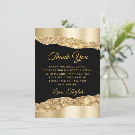 Goud en zwart Glam Scheuren Sweet Sixteen Bedankkaart (Staand voorkant)