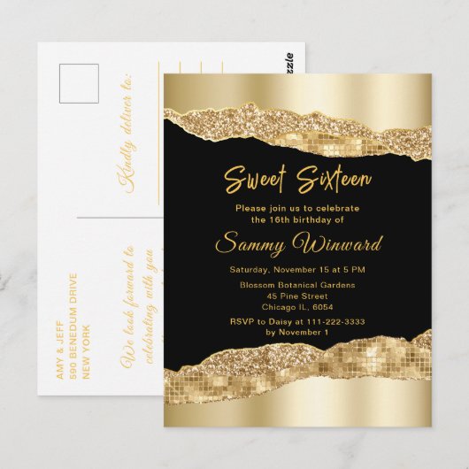 Goud en zwart Glam Scheuren Sweet Sixteen Briefkaart (Voorkant / Achterkant)