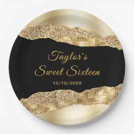 Goud en zwart Glam Scheuren Sweet Sixteen Papieren Bordje