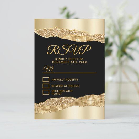 Goud en zwart Glam Scheuren Sweet Sixteen RSVP Kaartje (Staand voorkant)