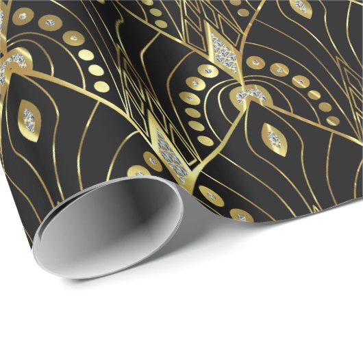 Goud en zwart gram Art Deco patroon Cadeaupapier (Rol Hoek)