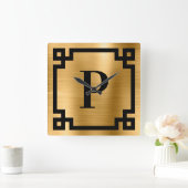 Goud en zwart Grieks sleutelgrensmonogram Vierkante Klok (Huis)