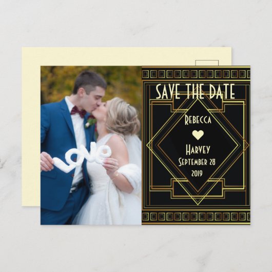 Goud en zwart Grote Gatsby Bruiloft Save The Date Aankondigingskaart (Voorkant / Achterkant)