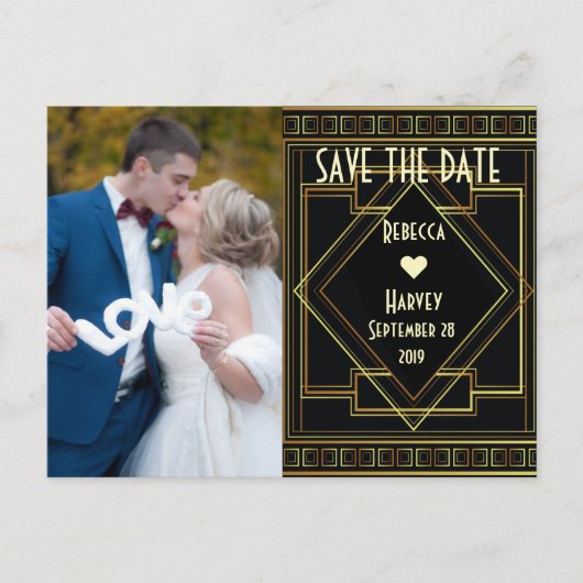 Goud en zwart Grote Gatsby Bruiloft Save The Date Aankondigingskaart (Voorkant)