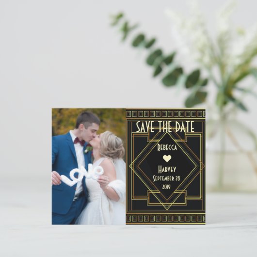 Goud en zwart Grote Gatsby Bruiloft Save The Date Aankondigingskaart (Staand voorkant)