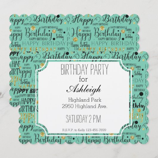 Goud en zwart Happy Birthday Confetti Kaart (Voorkant / Achterkant)