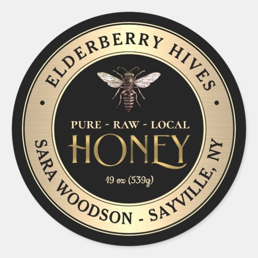 Goud en zwart honingetiket met koningin ronde sticker (Voorkant)