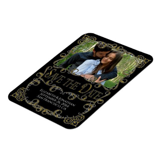 goud en zwart huwelijk sparen de Datum Foto Magneet (Linkerzijde)