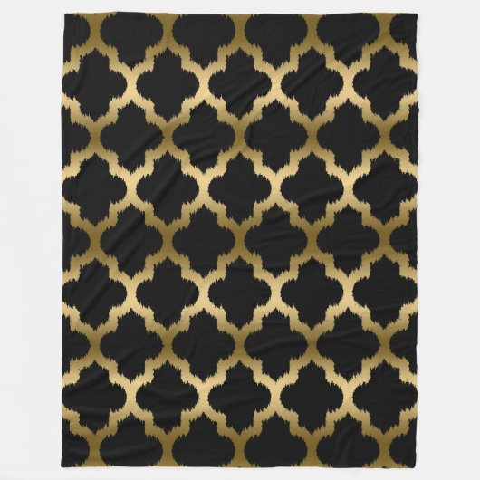 Goud en zwart Ikat Quatrefoil geometrisch patroon Fleece Deken (Voorkant)