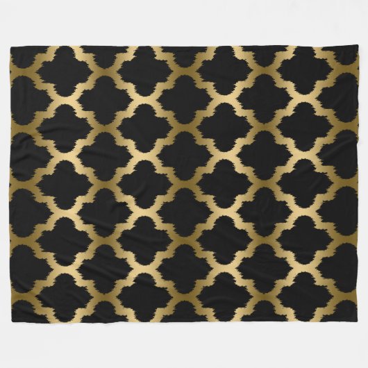 Goud en zwart Ikat Quatrefoil geometrisch patroon Fleece Deken (Voorkant (Horizontaal))