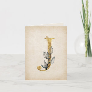 Goud en zwart J Monogram met bladeren Notitiekaartje
