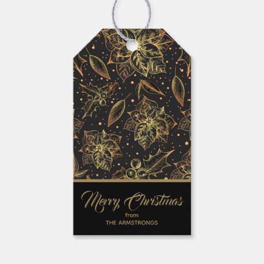 Goud en Zwart Kerst Bloemstuk Cadeaulabel (Voorkant)