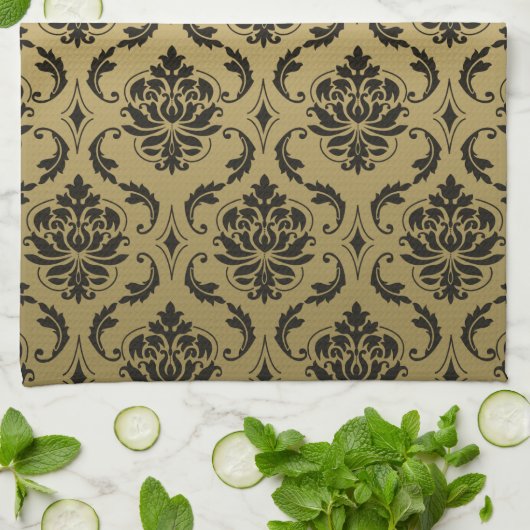 Goud en zwart Klassic Damask Theedoek (Gevouwen)