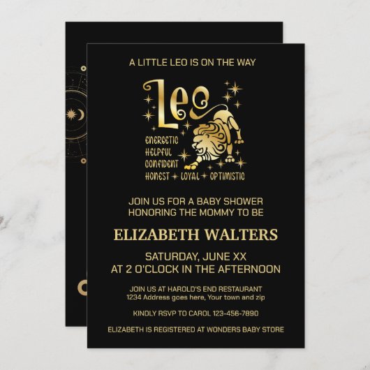 Goud en zwart Leo Zodiac Baby shower Kaart (Voorkant / Achterkant)