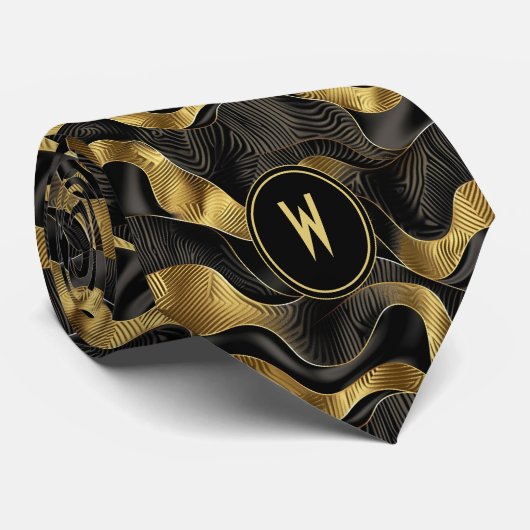 Goud en Zwart Lint Abstract Stropdas (Opgerold)