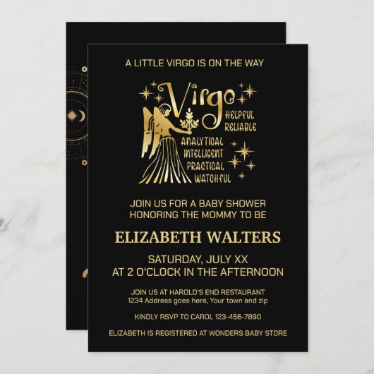 Goud en zwart Maagd Zodiac Baby shower Kaart (Voorkant / Achterkant)
