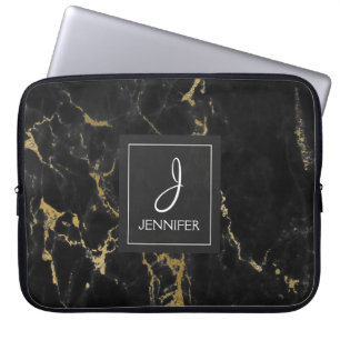 Goud en zwart marmer Elegant Monogram Laptop Sleeve