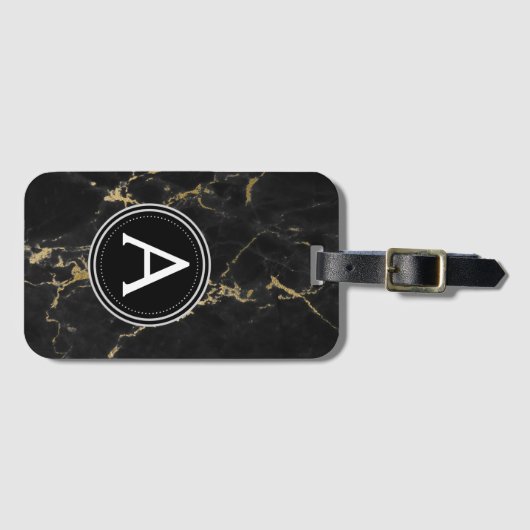 Goud en zwart marmer Monogram Bagagetas Label Bagagelabel (Voorkant (horizontaal))
