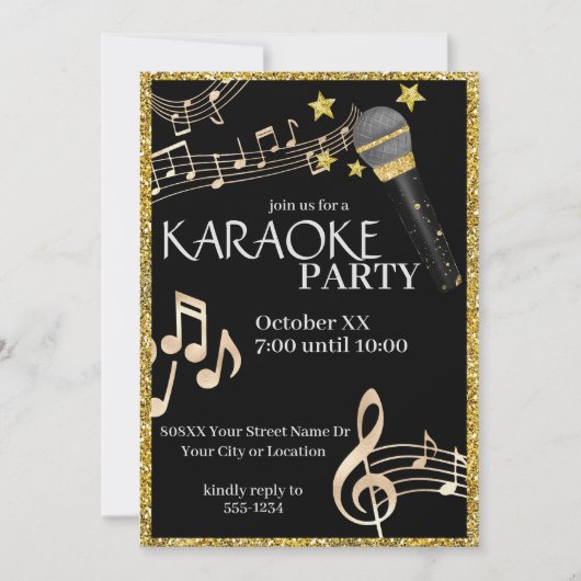 Goud en zwart Microfoon Muziek Karaoke Party Kaart (Voorkant)