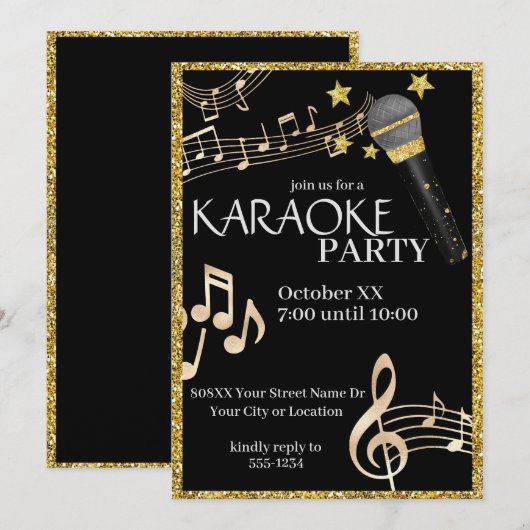 Goud en zwart Microfoon Muziek Karaoke Party Kaart (Voorkant / Achterkant)