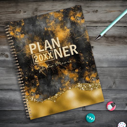 Goud en zwart Modern Goud Glitter Gepersonaliseerd Planner