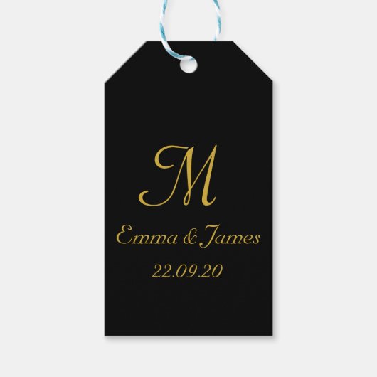 Goud en zwart Monogram Bruiloft Favor Gift Label Cadeaulabel (Voorkant)