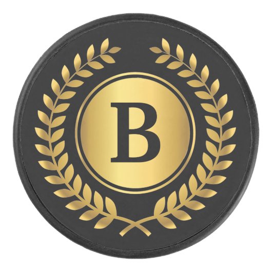 Goud en zwart monogram met lauwerkrans hockey puck (Voorkant)