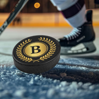 Goud en zwart monogram met lauwerkrans hockey puck