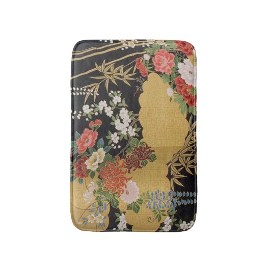 Goud en zwart Oosters Japans Kimono Floral Badmat (Voorkant Verticaal)