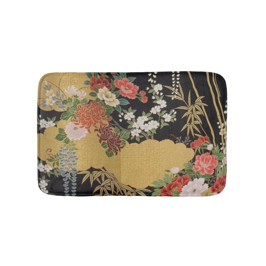 Goud en zwart Oosters Japans Kimono Floral Badmat (Voorkant)