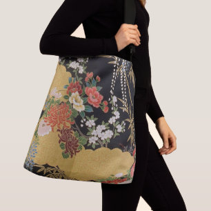 Goud en zwart Oosters Japans Kimono Floral Crossbody Tas