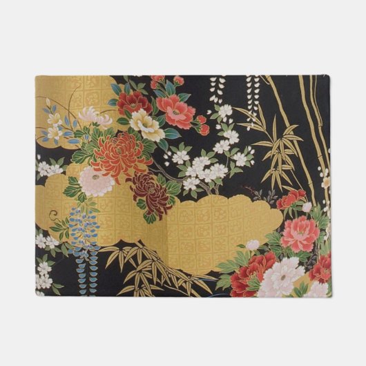 Goud en zwart Oosters Japans Kimono Floral Deurmat (Voorkant)