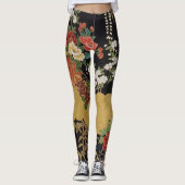 Goud en zwart Oosters Japans Kimono Floral Leggings (Voorkant)