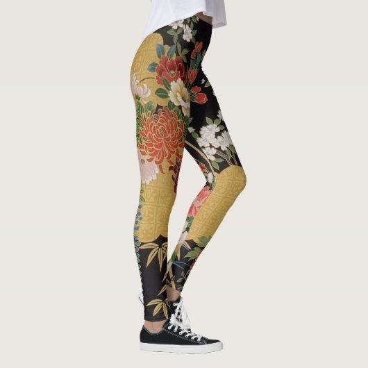 Goud en zwart Oosters Japans Kimono Floral Leggings (Rechts)