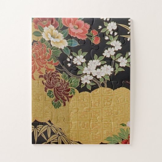 Goud en zwart Oosters Japans Kimono Floral Legpuzzel (Verticaal)