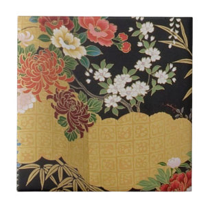 Goud en zwart Oosters Japans Kimono Floral Tegeltje