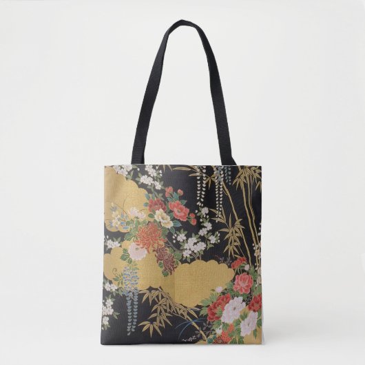Goud en zwart Oosters Japans Kimono Floral Tote Bag (Voorkant)