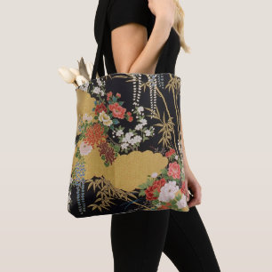 Goud en zwart Oosters Japans Kimono Floral Tote Bag